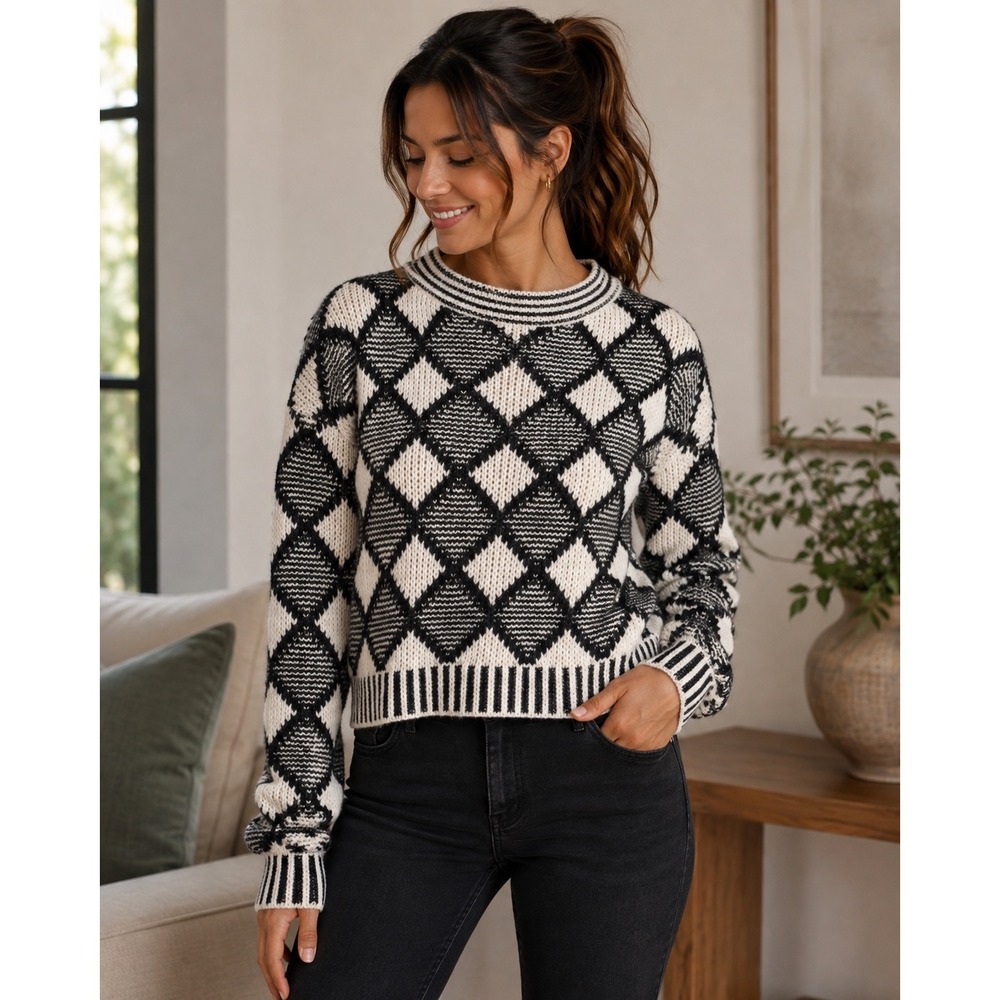 Parisian Argyle Fuzzy Knit Sweater Black White Chic Preppy Boho Diamond Sz S
